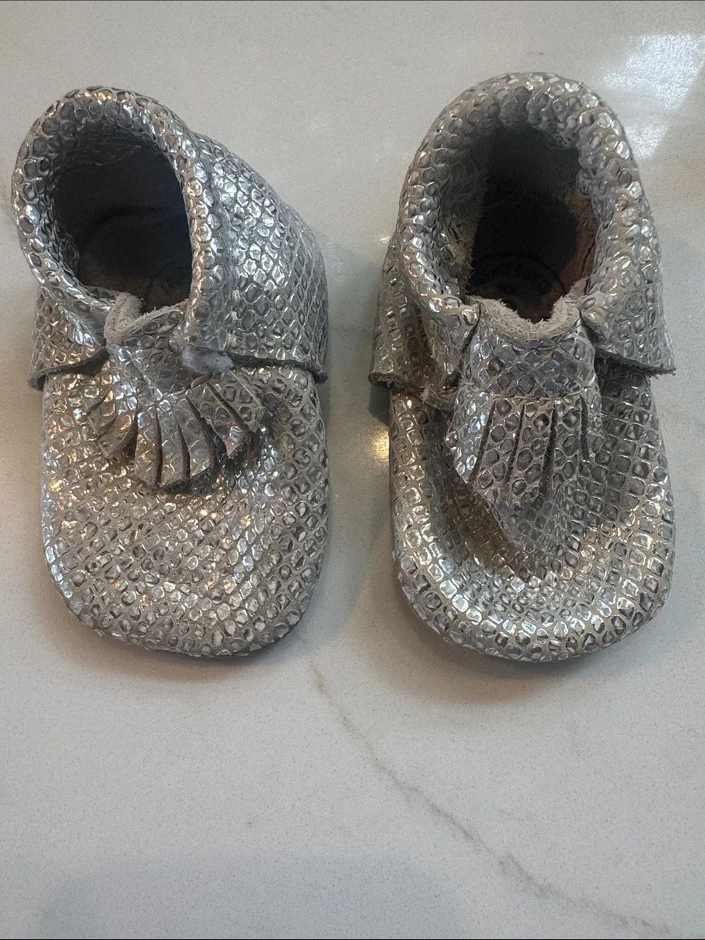 Freshly Picked Silver Metallic Fringe Baby Moccasins